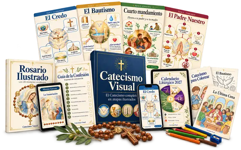 Catecismo Visual con los 4 bonos: Rosario Ilustrado, Guía de la Confesión, Calendario Litúrgico 2027 y Catecismo para Colorear